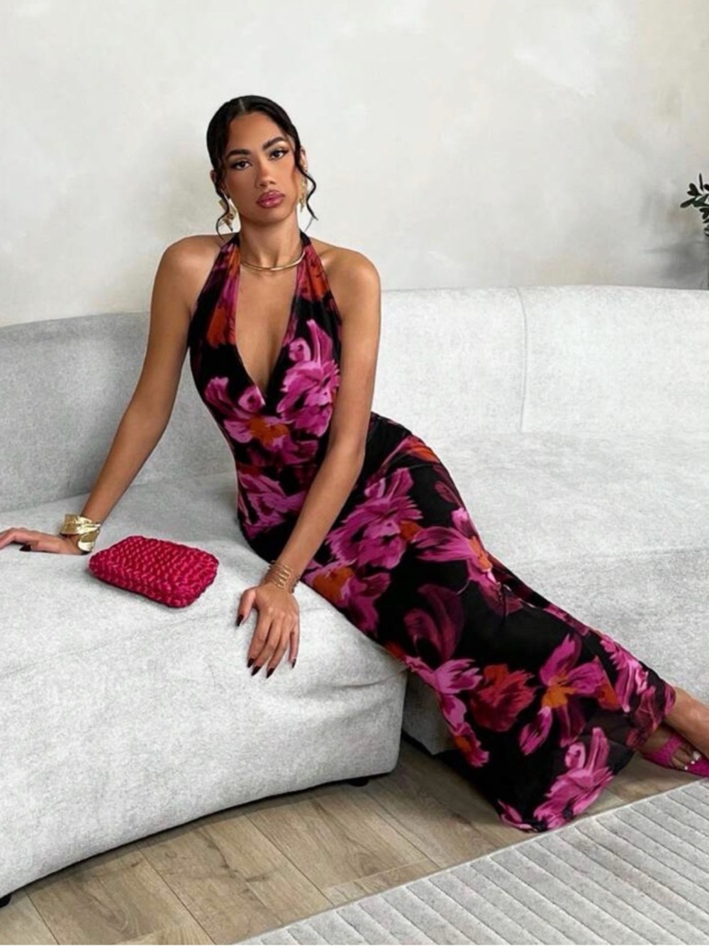 SHEIN Black Halter Maxi Dress with Fuchsia Floral Print